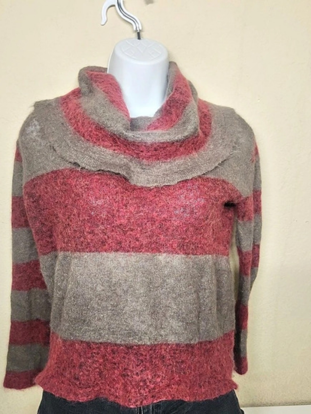 Free People Striped Cowl Neck Alpaca Blend Sweater in Red & Gray